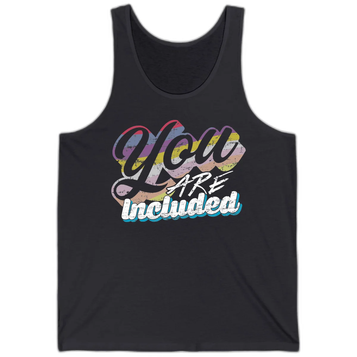 One love unbreakable pride design with rainbow-striped flowing ribbon banner and distressed vintage textures on gray background in Dark Grey