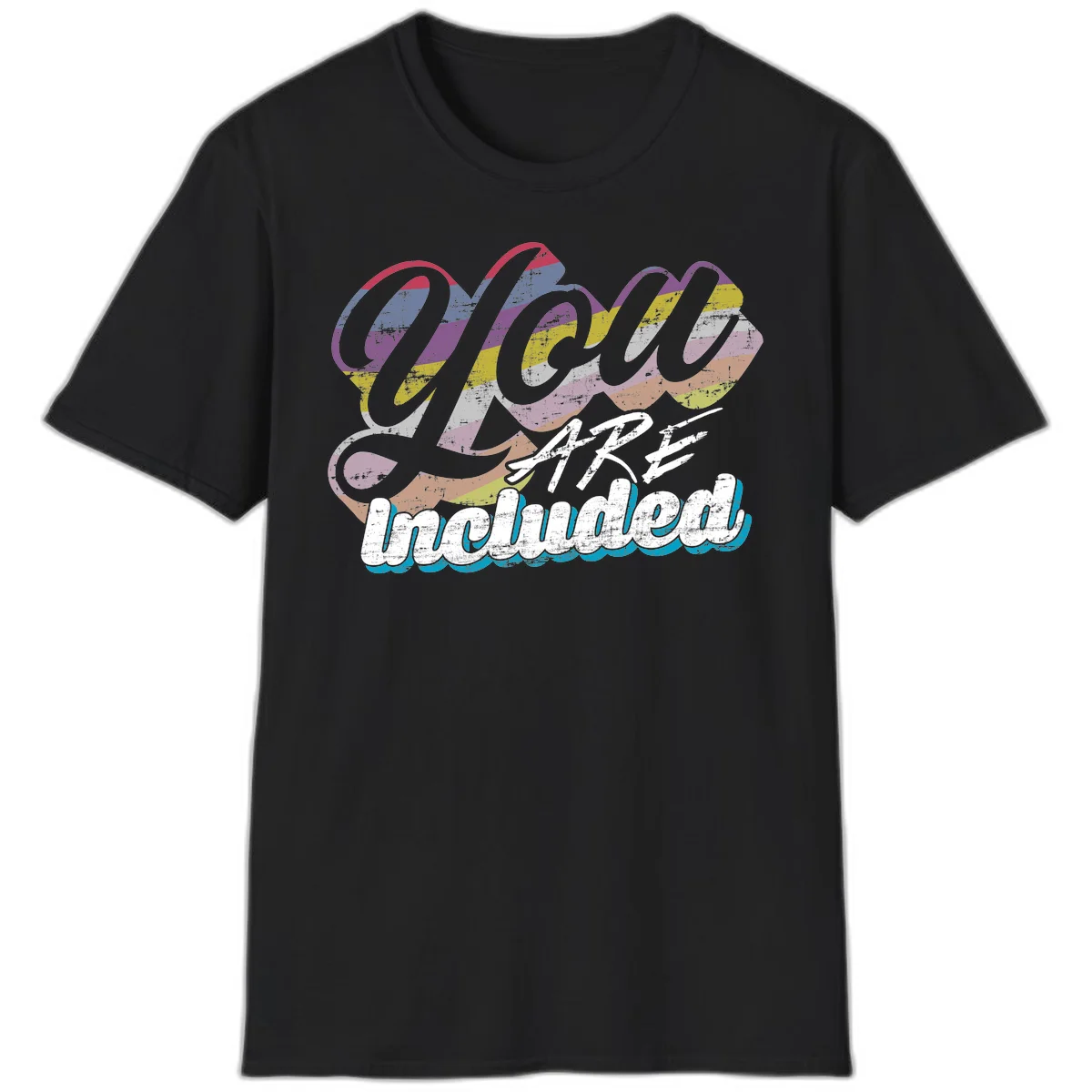 One love unbreakable pride design with rainbow-striped flowing ribbon banner and distressed vintage textures on gray background in Black