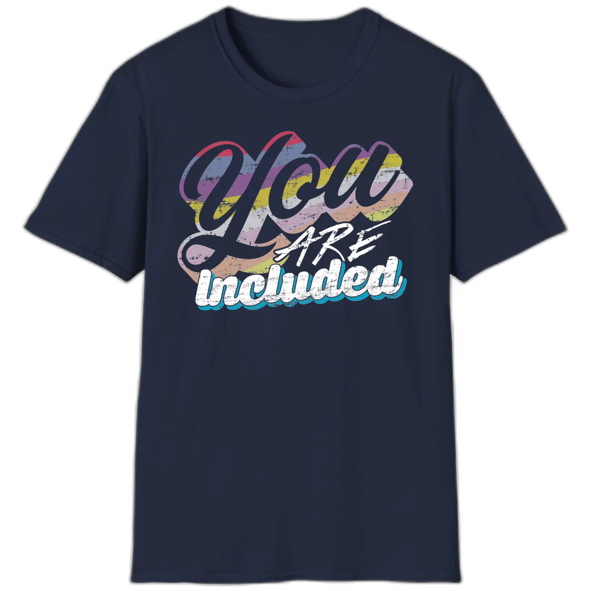 One love unbreakable pride design with rainbow-striped flowing ribbon banner and distressed vintage textures on gray background in Navy