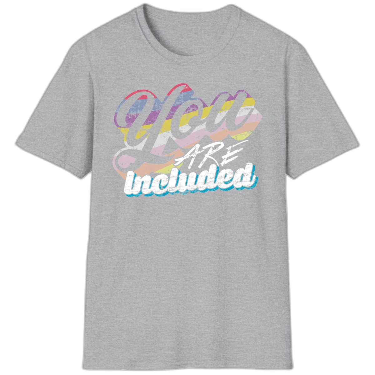 One love unbreakable pride design with rainbow-striped flowing ribbon banner and distressed vintage textures on gray background in Sport Grey