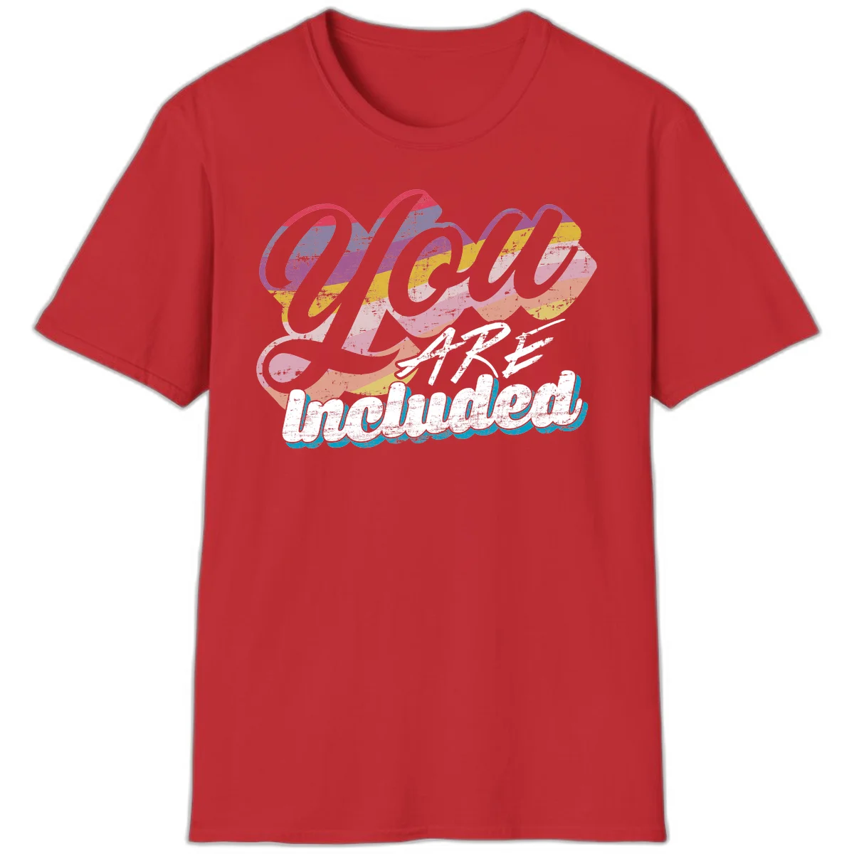 One love unbreakable pride design with rainbow-striped flowing ribbon banner and distressed vintage textures on gray background in Red