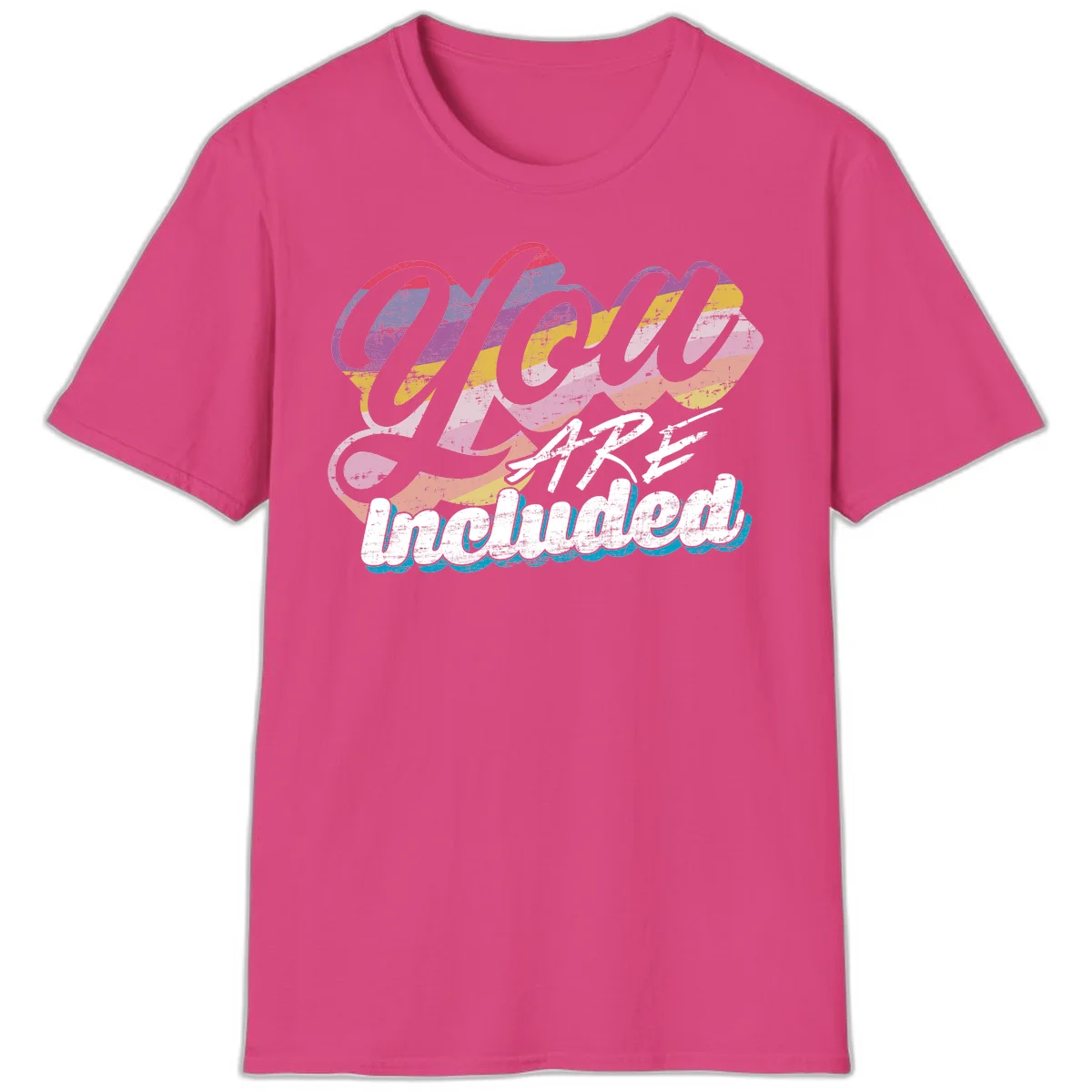 One love unbreakable pride design with rainbow-striped flowing ribbon banner and distressed vintage textures on gray background in Heliconia