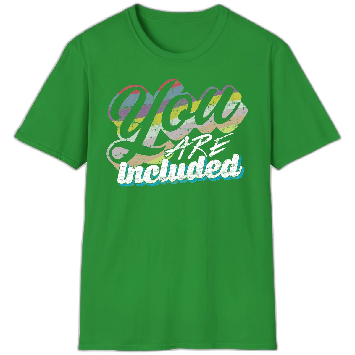 One love unbreakable pride design with rainbow-striped flowing ribbon banner and distressed vintage textures on gray background in Irish Green