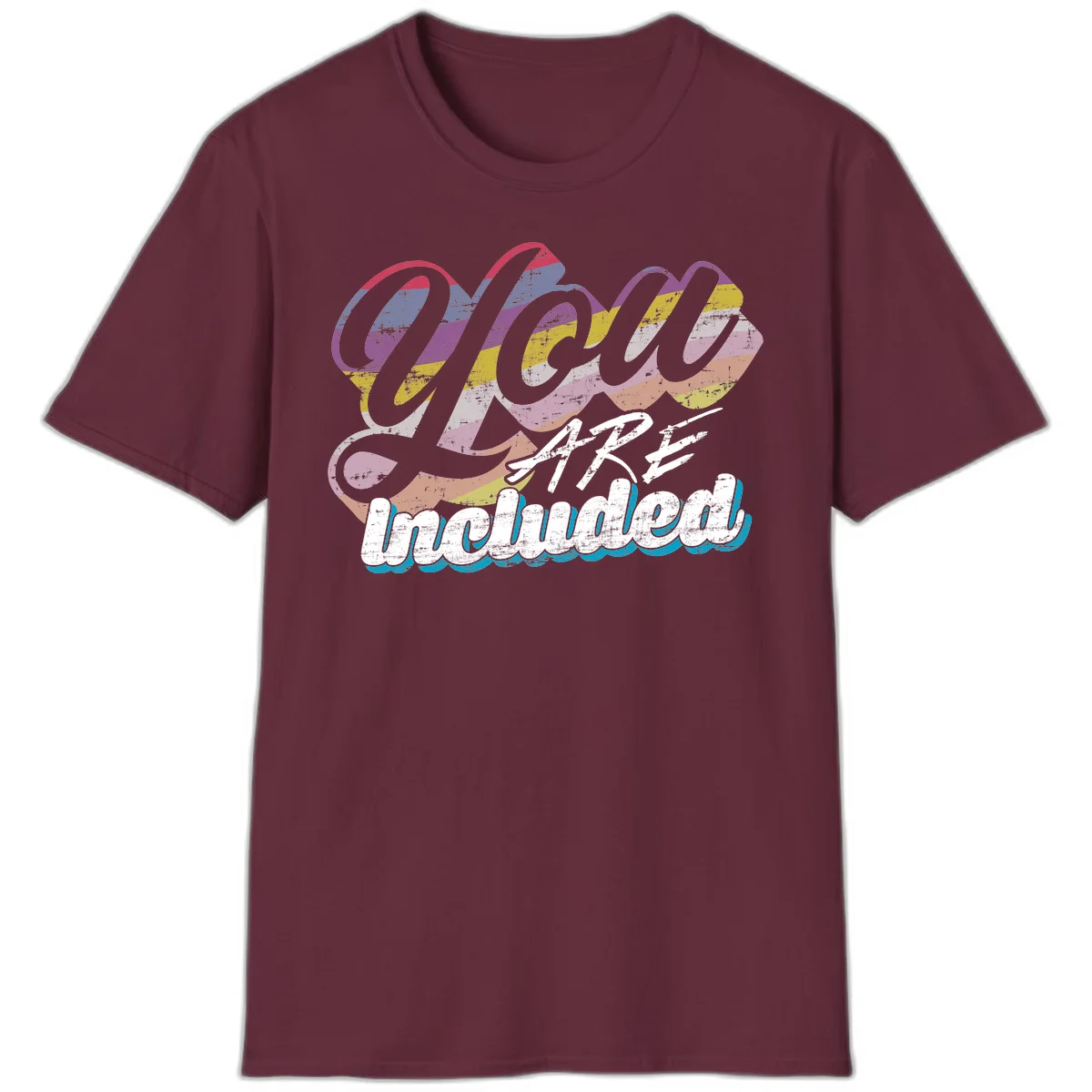 One love unbreakable pride design with rainbow-striped flowing ribbon banner and distressed vintage textures on gray background in Maroon