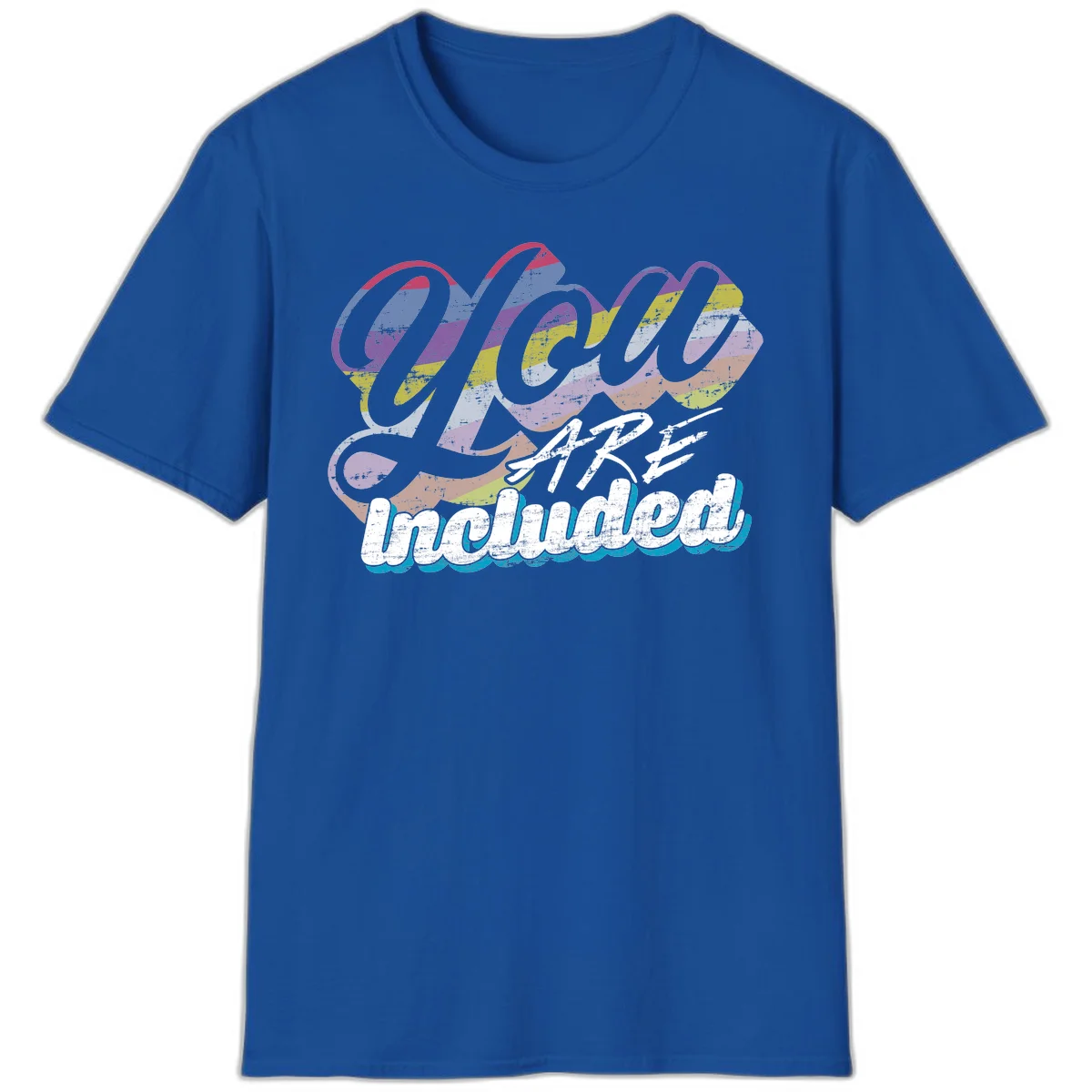 One love unbreakable pride design with rainbow-striped flowing ribbon banner and distressed vintage textures on gray background in Royal