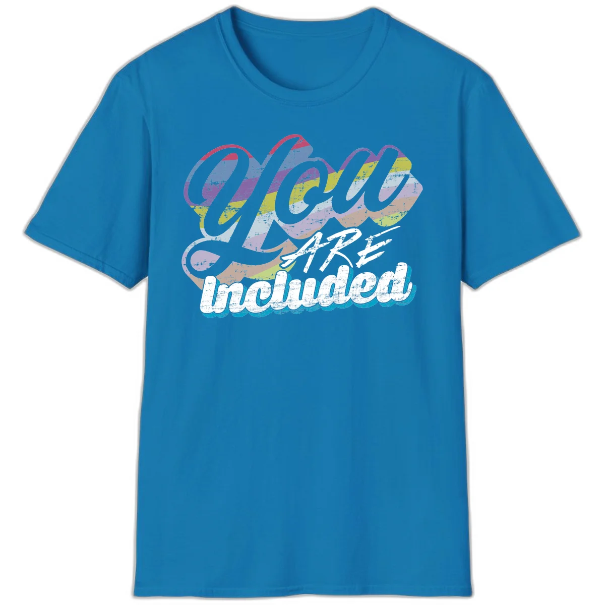 One love unbreakable pride design with rainbow-striped flowing ribbon banner and distressed vintage textures on gray background in Sapphire