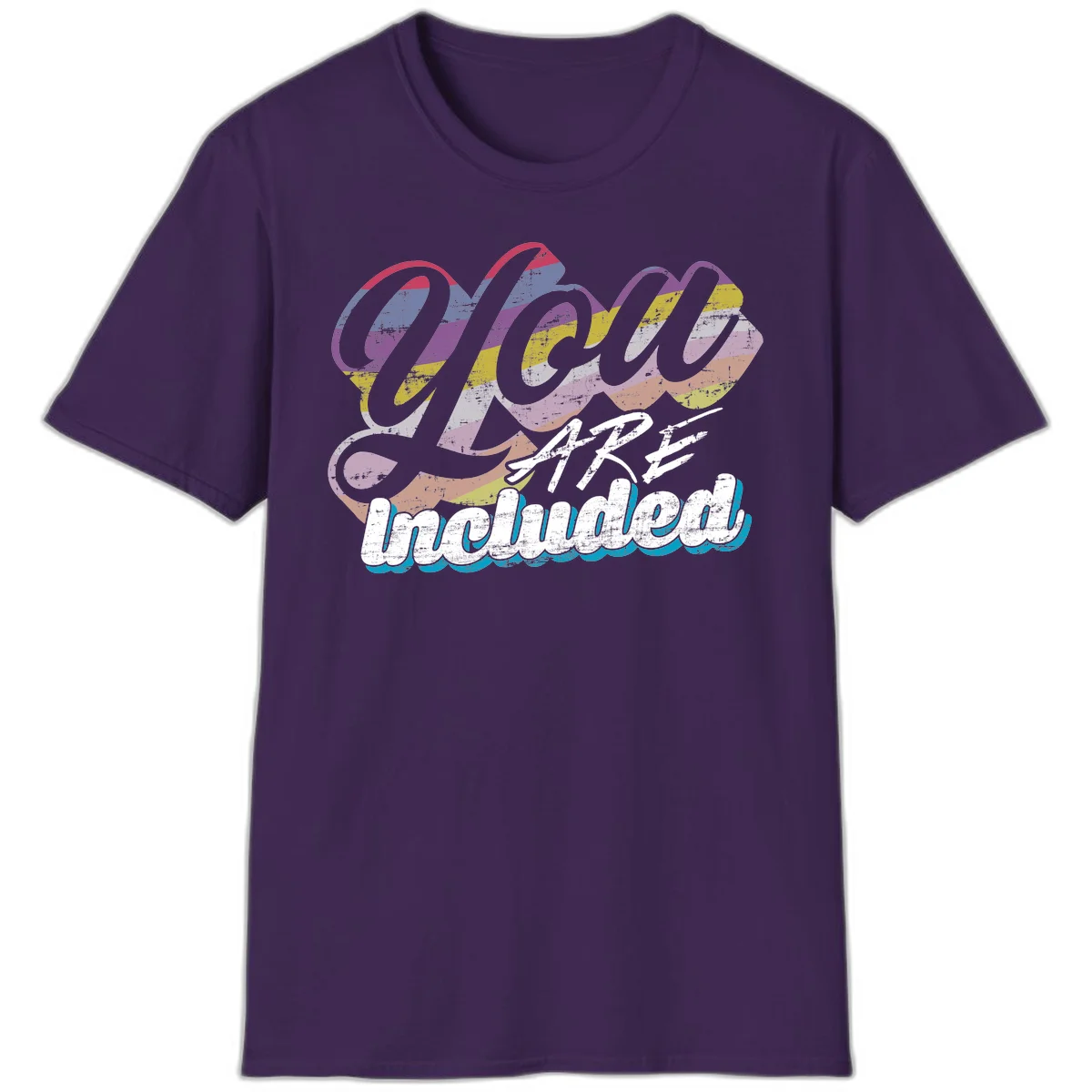 One love unbreakable pride design with rainbow-striped flowing ribbon banner and distressed vintage textures on gray background in Purple