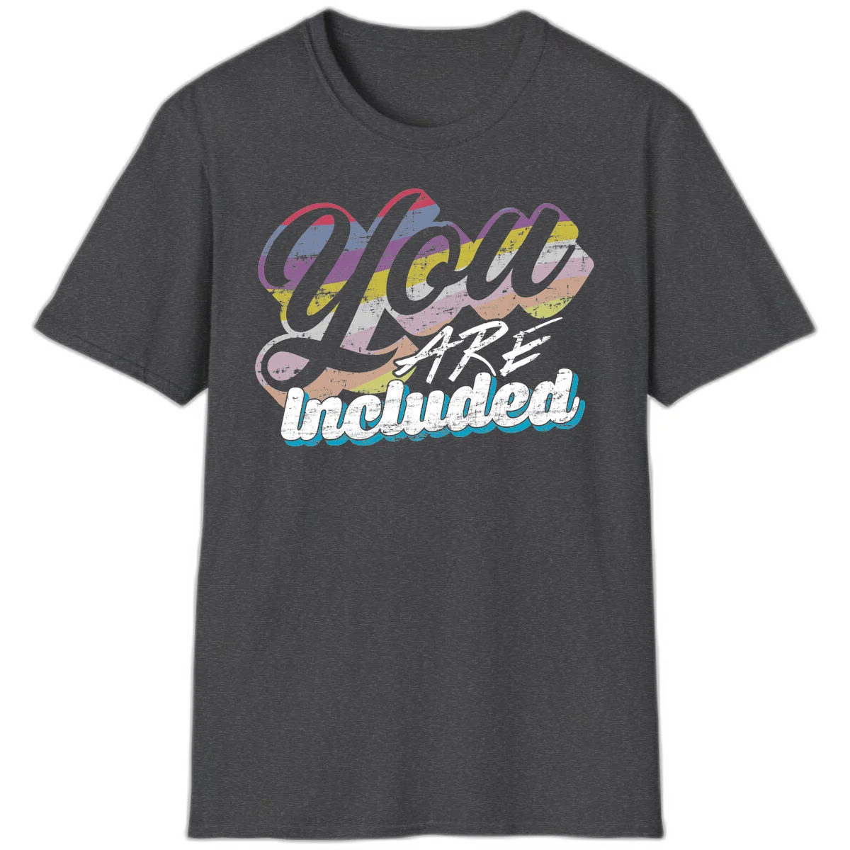 One love unbreakable pride design with rainbow-striped flowing ribbon banner and distressed vintage textures on gray background in Dark Heather