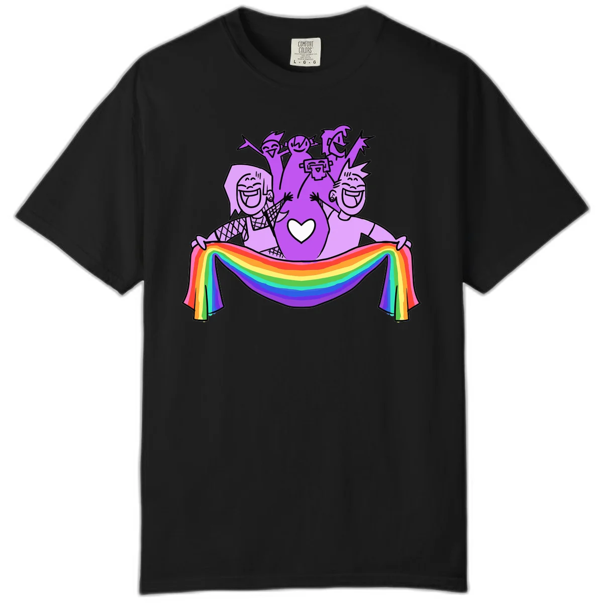 Illustration of diverse smiling people celebrating together with raised arms, holding a rainbow banner and a white heart symbol on a purple background. in Black