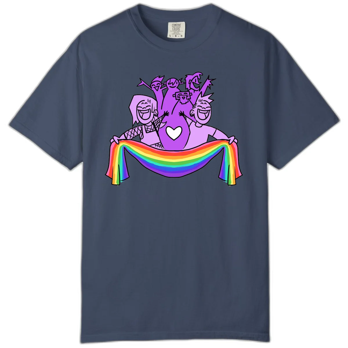 Illustration of diverse smiling people celebrating together with raised arms, holding a rainbow banner and a white heart symbol on a purple background. in Midnight