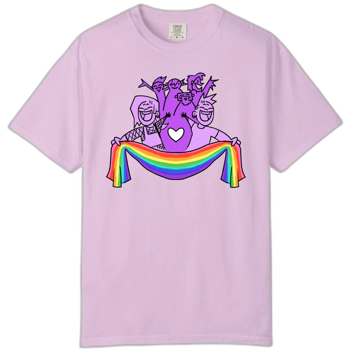 Illustration of diverse smiling people celebrating together with raised arms, holding a rainbow banner and a white heart symbol on a purple background. in Orchid