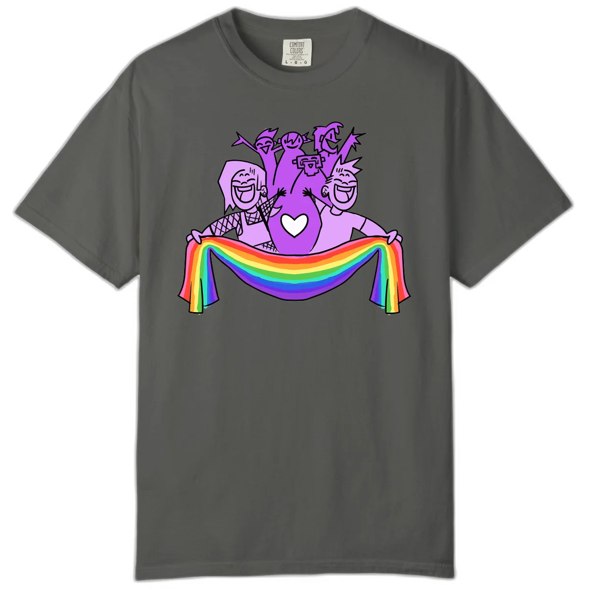 Illustration of diverse smiling people celebrating together with raised arms, holding a rainbow banner and a white heart symbol on a purple background. in Pepper