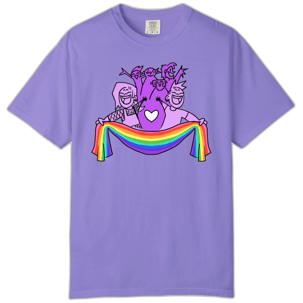 Illustration of diverse smiling people celebrating together with raised arms, holding a rainbow banner and a white heart symbol on a purple background. in Violet