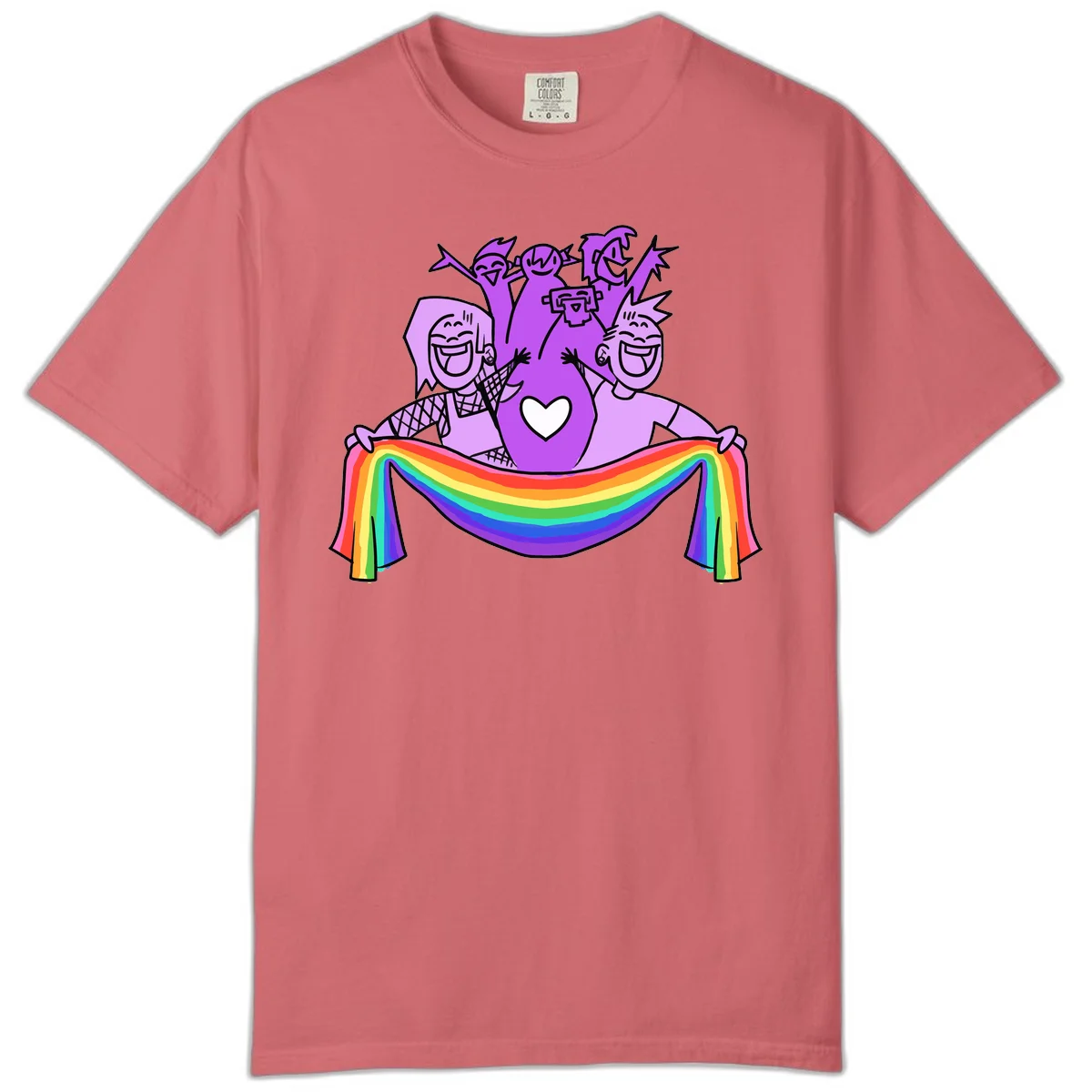 Illustration of diverse smiling people celebrating together with raised arms, holding a rainbow banner and a white heart symbol on a purple background. in Watermelon