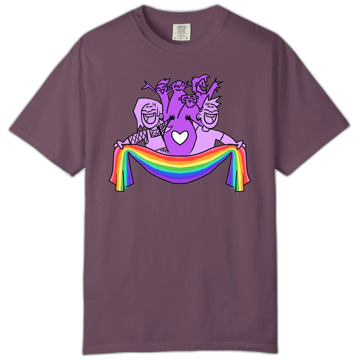 Illustration of diverse smiling people celebrating together with raised arms, holding a rainbow banner and a white heart symbol on a purple background. in Berry