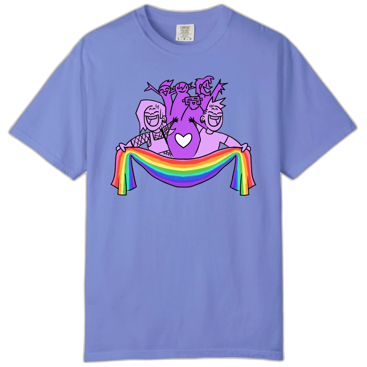 Illustration of diverse smiling people celebrating together with raised arms, holding a rainbow banner and a white heart symbol on a purple background. in Flo Blue