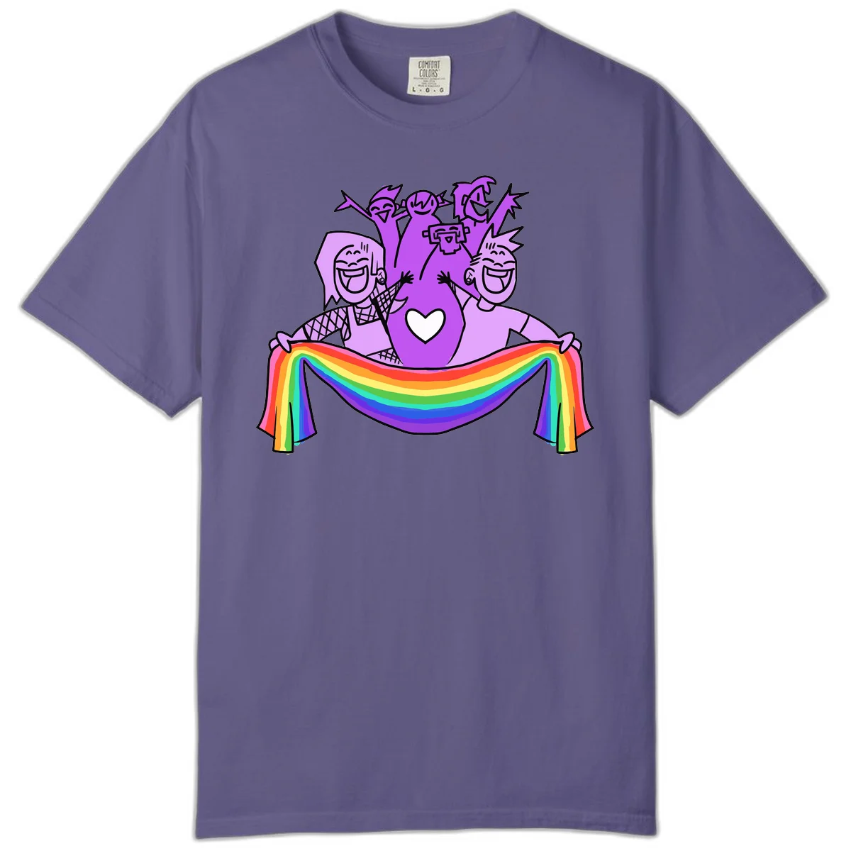 Illustration of diverse smiling people celebrating together with raised arms, holding a rainbow banner and a white heart symbol on a purple background. in Grape