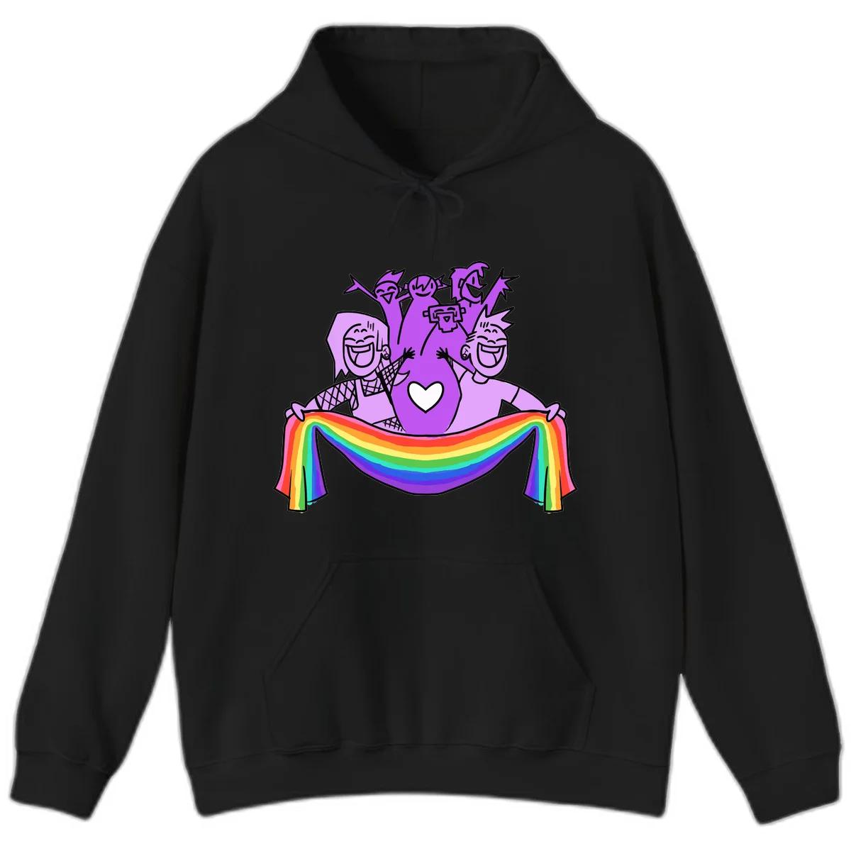 Illustration of diverse smiling people celebrating together with raised arms, holding a rainbow banner and a white heart symbol on a purple background. in Black