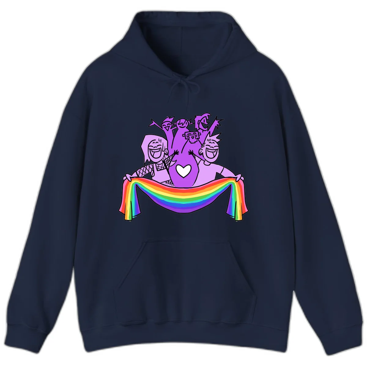 Illustration of diverse smiling people celebrating together with raised arms, holding a rainbow banner and a white heart symbol on a purple background. in Navy