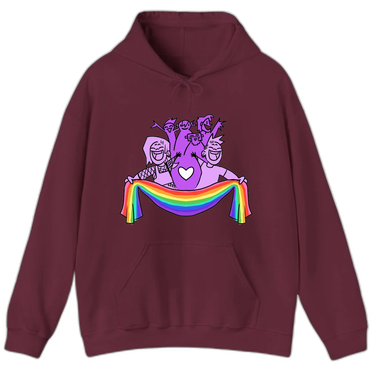 Illustration of diverse smiling people celebrating together with raised arms, holding a rainbow banner and a white heart symbol on a purple background. in Maroon