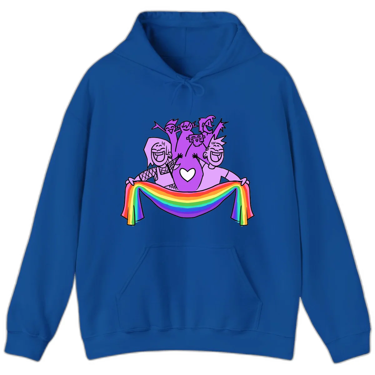 Illustration of diverse smiling people celebrating together with raised arms, holding a rainbow banner and a white heart symbol on a purple background. in Royal