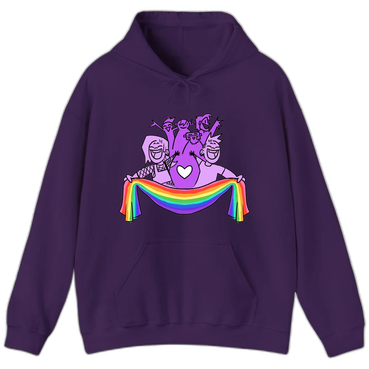 Illustration of diverse smiling people celebrating together with raised arms, holding a rainbow banner and a white heart symbol on a purple background. in Purple