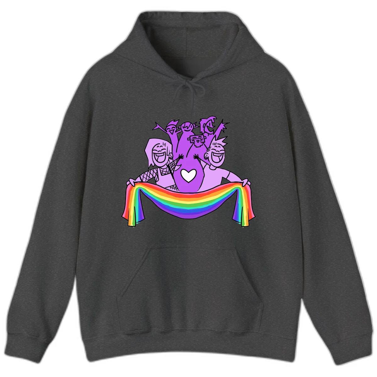 Illustration of diverse smiling people celebrating together with raised arms, holding a rainbow banner and a white heart symbol on a purple background. in Dark Heather