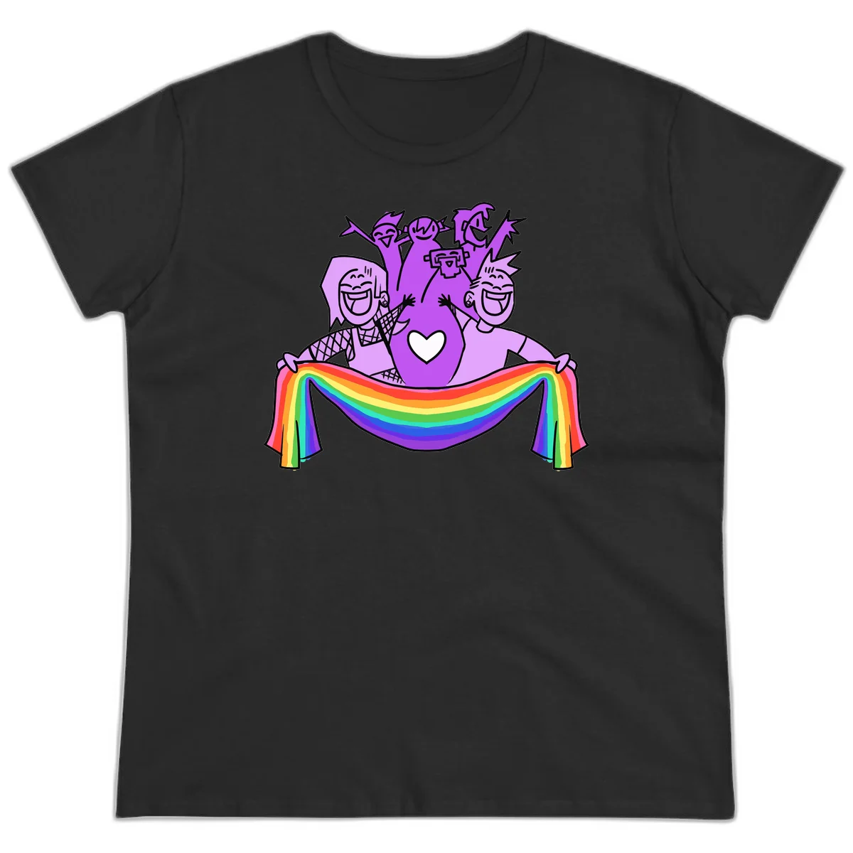 Illustration of diverse smiling people celebrating together with raised arms, holding a rainbow banner and a white heart symbol on a purple background. in Black