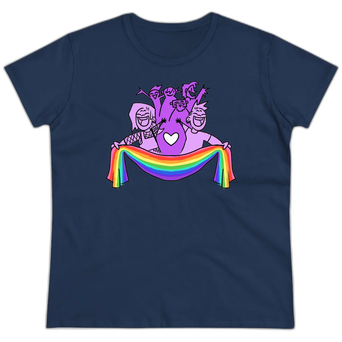 Illustration of diverse smiling people celebrating together with raised arms, holding a rainbow banner and a white heart symbol on a purple background. in Navy