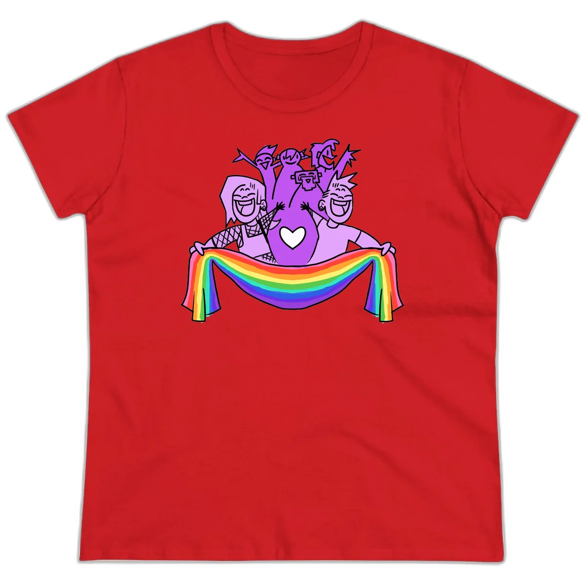 Illustration of diverse smiling people celebrating together with raised arms, holding a rainbow banner and a white heart symbol on a purple background. in Red