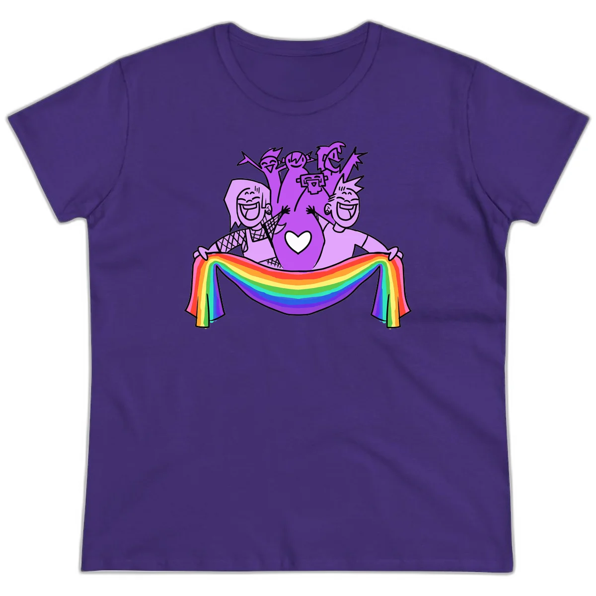 Illustration of diverse smiling people celebrating together with raised arms, holding a rainbow banner and a white heart symbol on a purple background. in Purple