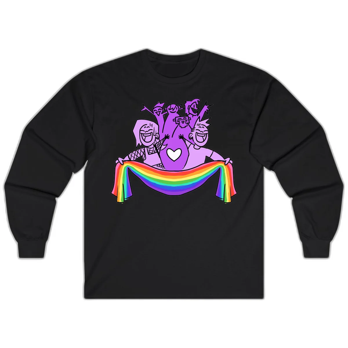 Illustration of diverse smiling people celebrating together with raised arms, holding a rainbow banner and a white heart symbol on a purple background. in Black