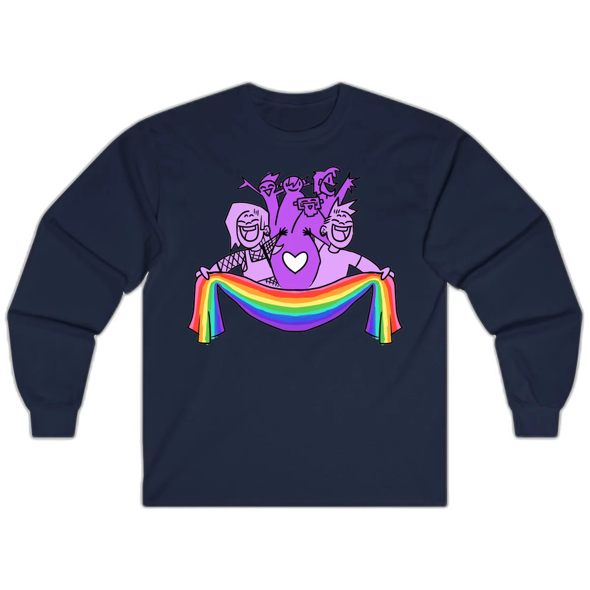 Illustration of diverse smiling people celebrating together with raised arms, holding a rainbow banner and a white heart symbol on a purple background. in Navy