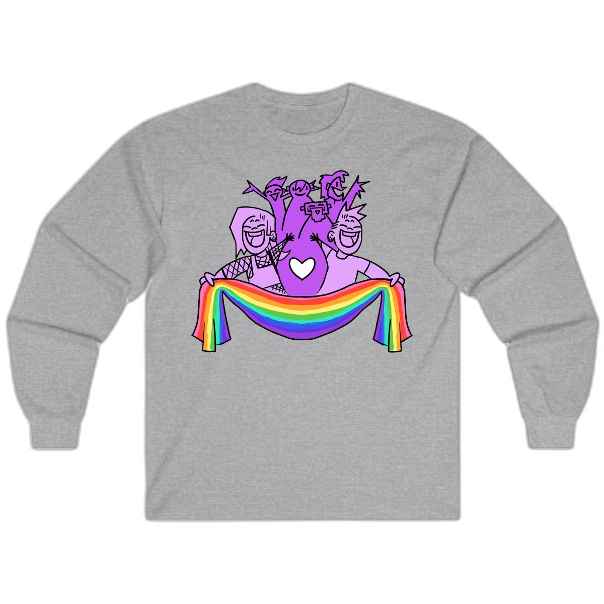 Illustration of diverse smiling people celebrating together with raised arms, holding a rainbow banner and a white heart symbol on a purple background. in Sport Grey