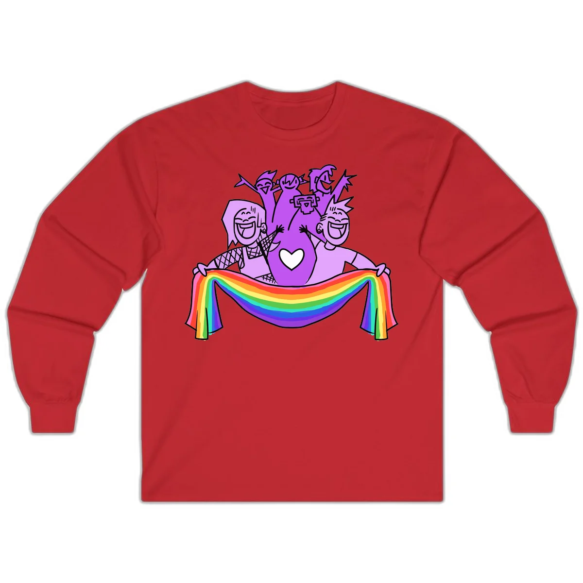 Illustration of diverse smiling people celebrating together with raised arms, holding a rainbow banner and a white heart symbol on a purple background. in Red