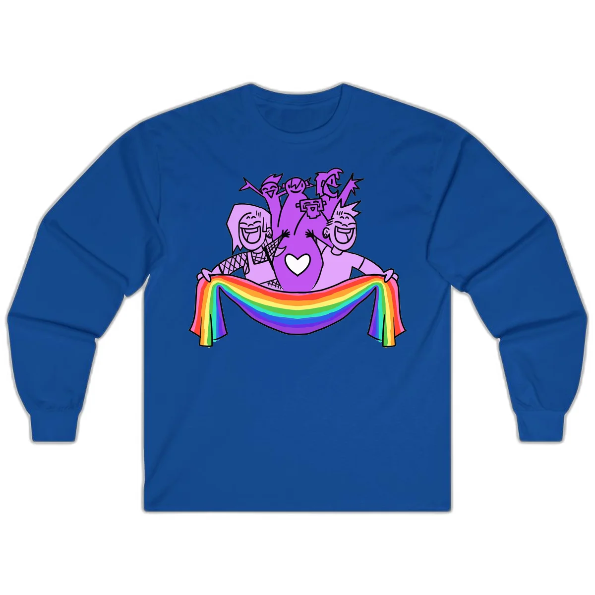 Illustration of diverse smiling people celebrating together with raised arms, holding a rainbow banner and a white heart symbol on a purple background. in Royal