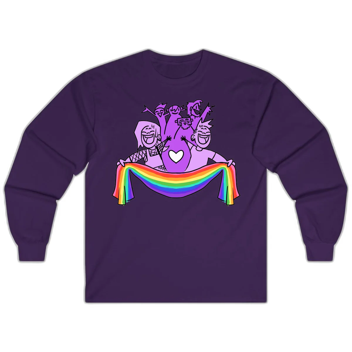 Illustration of diverse smiling people celebrating together with raised arms, holding a rainbow banner and a white heart symbol on a purple background. in Purple