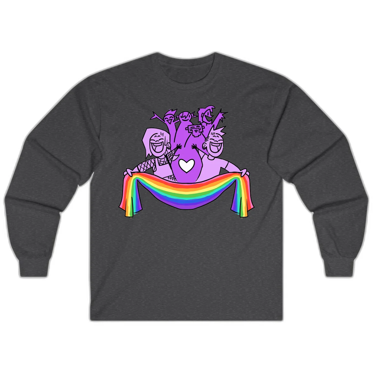 Illustration of diverse smiling people celebrating together with raised arms, holding a rainbow banner and a white heart symbol on a purple background. in Dark Heather