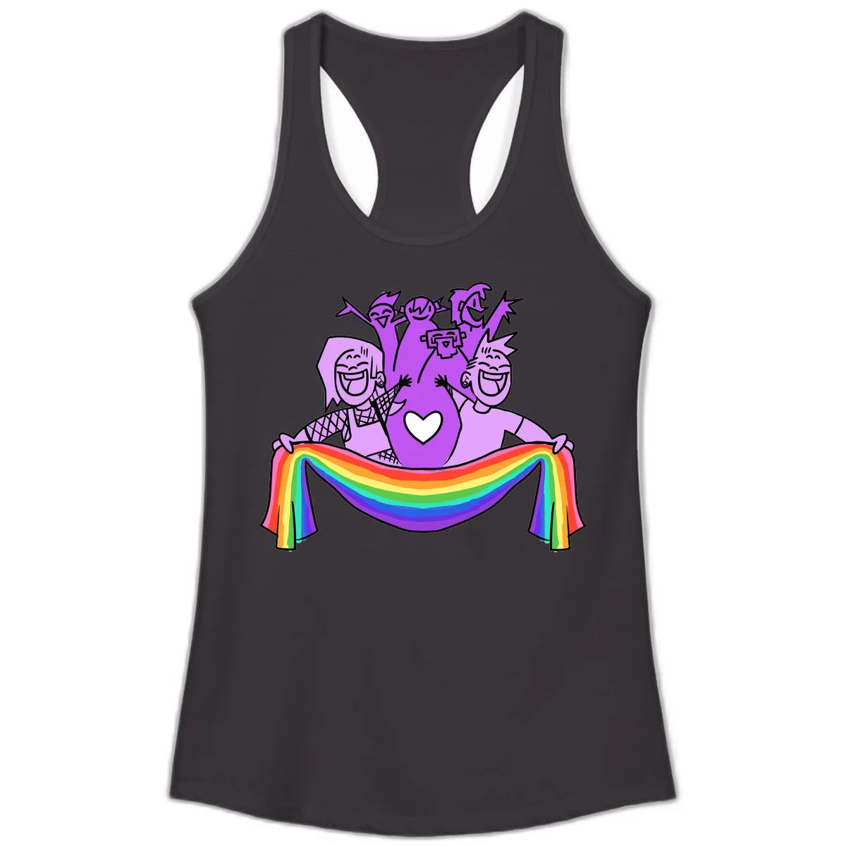 Illustration of diverse smiling people celebrating together with raised arms, holding a rainbow banner and a white heart symbol on a purple background. in Black