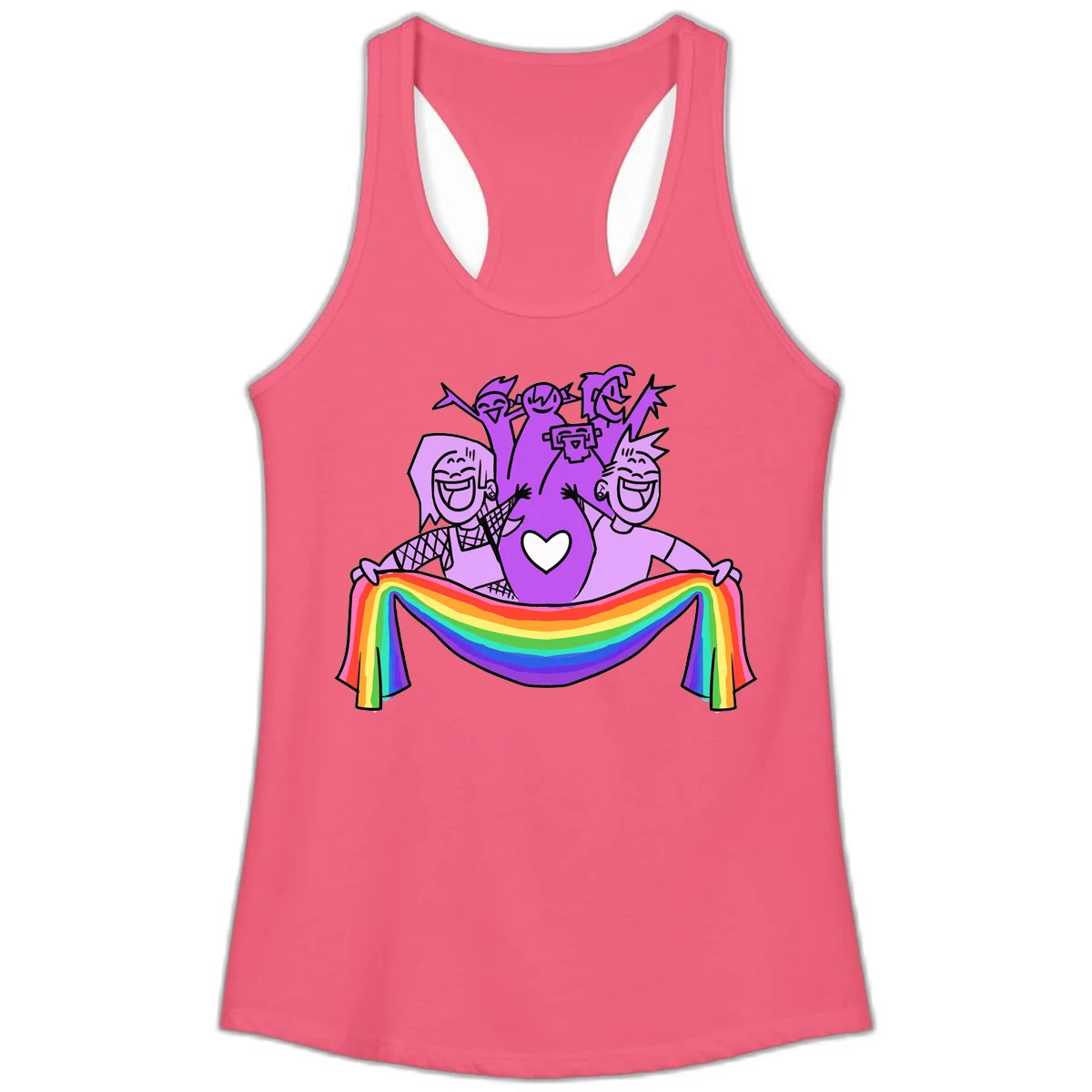 Illustration of diverse smiling people celebrating together with raised arms, holding a rainbow banner and a white heart symbol on a purple background. in Hot Pink