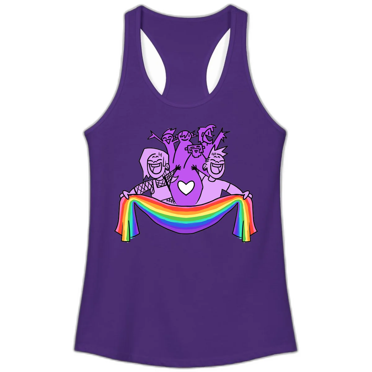 Illustration of diverse smiling people celebrating together with raised arms, holding a rainbow banner and a white heart symbol on a purple background. in Solid Purple Rush