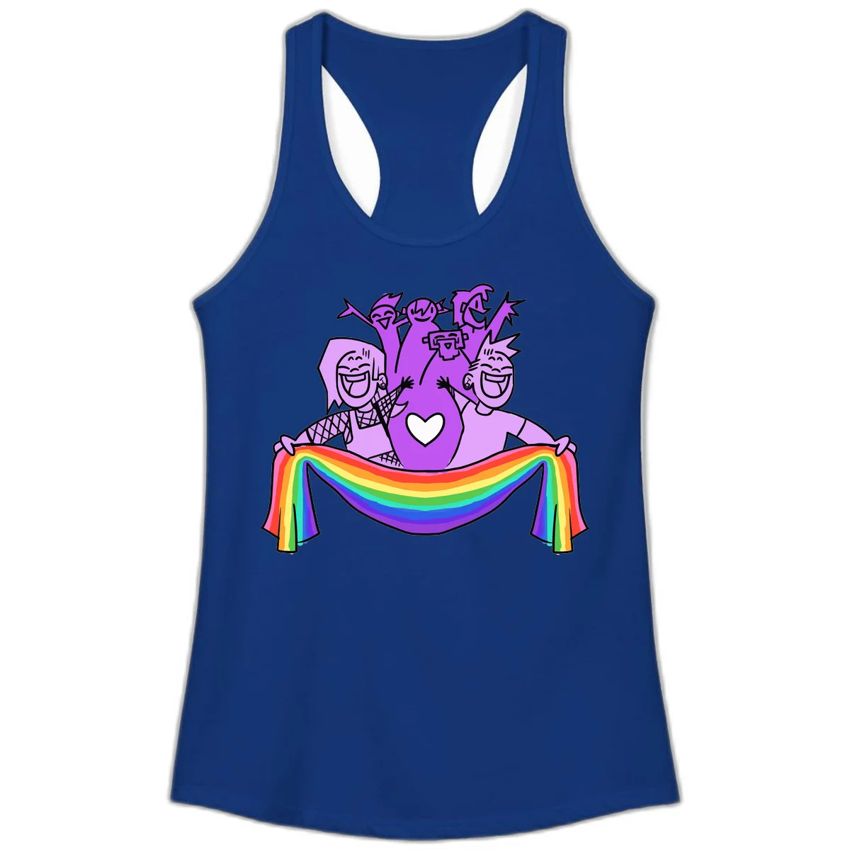 Illustration of diverse smiling people celebrating together with raised arms, holding a rainbow banner and a white heart symbol on a purple background. in Solid Royal