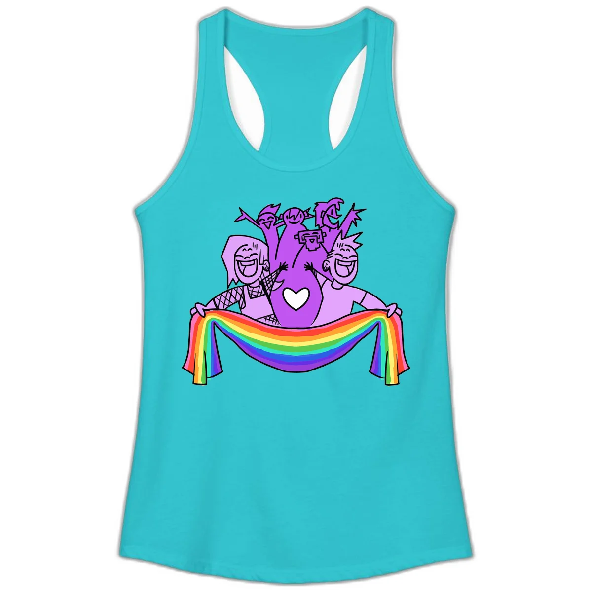 Illustration of diverse smiling people celebrating together with raised arms, holding a rainbow banner and a white heart symbol on a purple background. in Solid Tahiti Blue