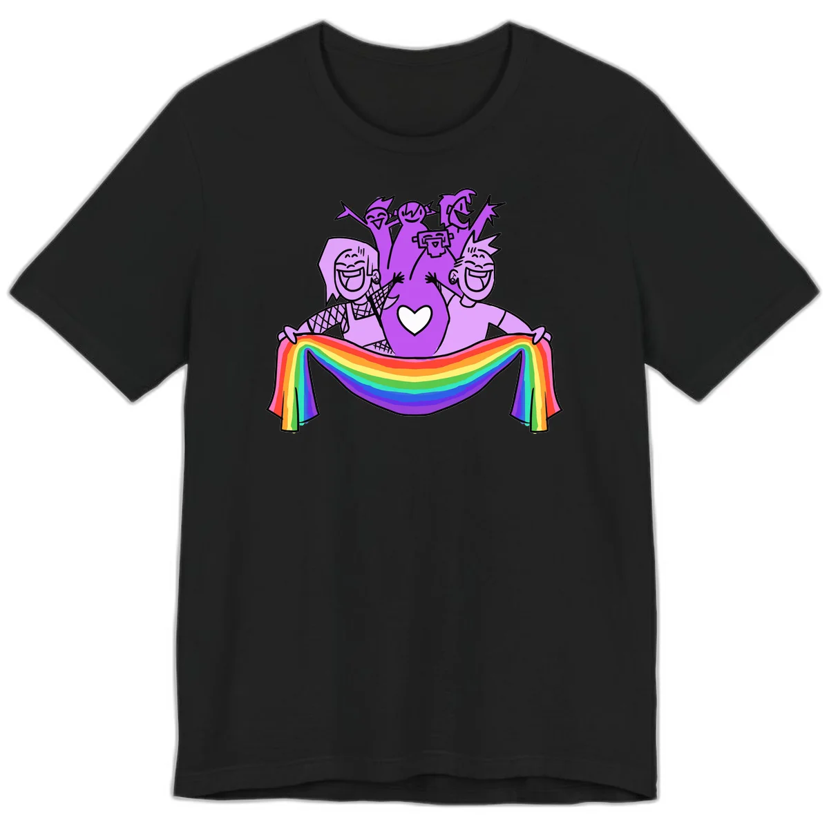 Illustration of diverse smiling people celebrating together with raised arms, holding a rainbow banner and a white heart symbol on a purple background. in Black