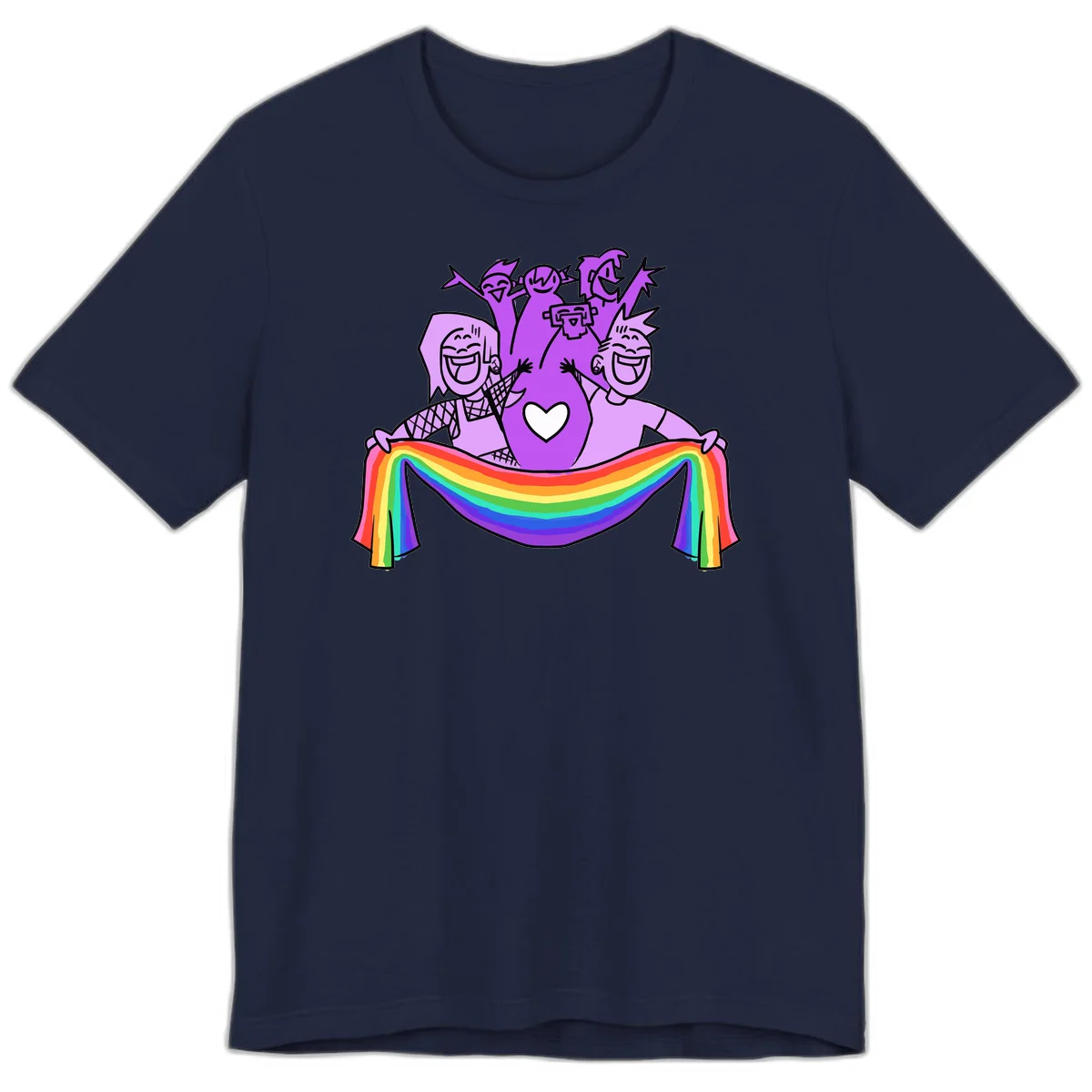 Illustration of diverse smiling people celebrating together with raised arms, holding a rainbow banner and a white heart symbol on a purple background. in Navy