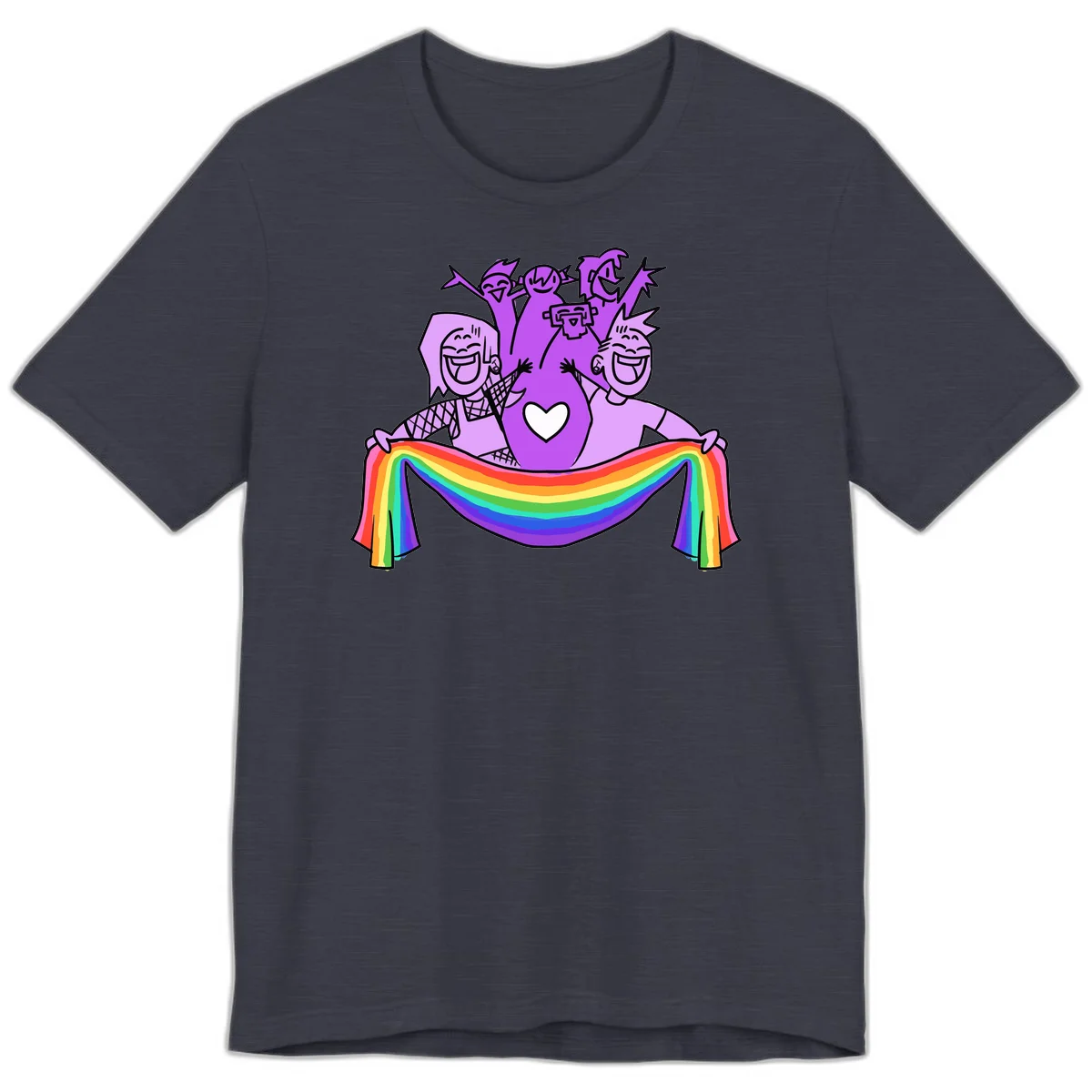 Illustration of diverse smiling people celebrating together with raised arms, holding a rainbow banner and a white heart symbol on a purple background. in Heather Midnight Navy