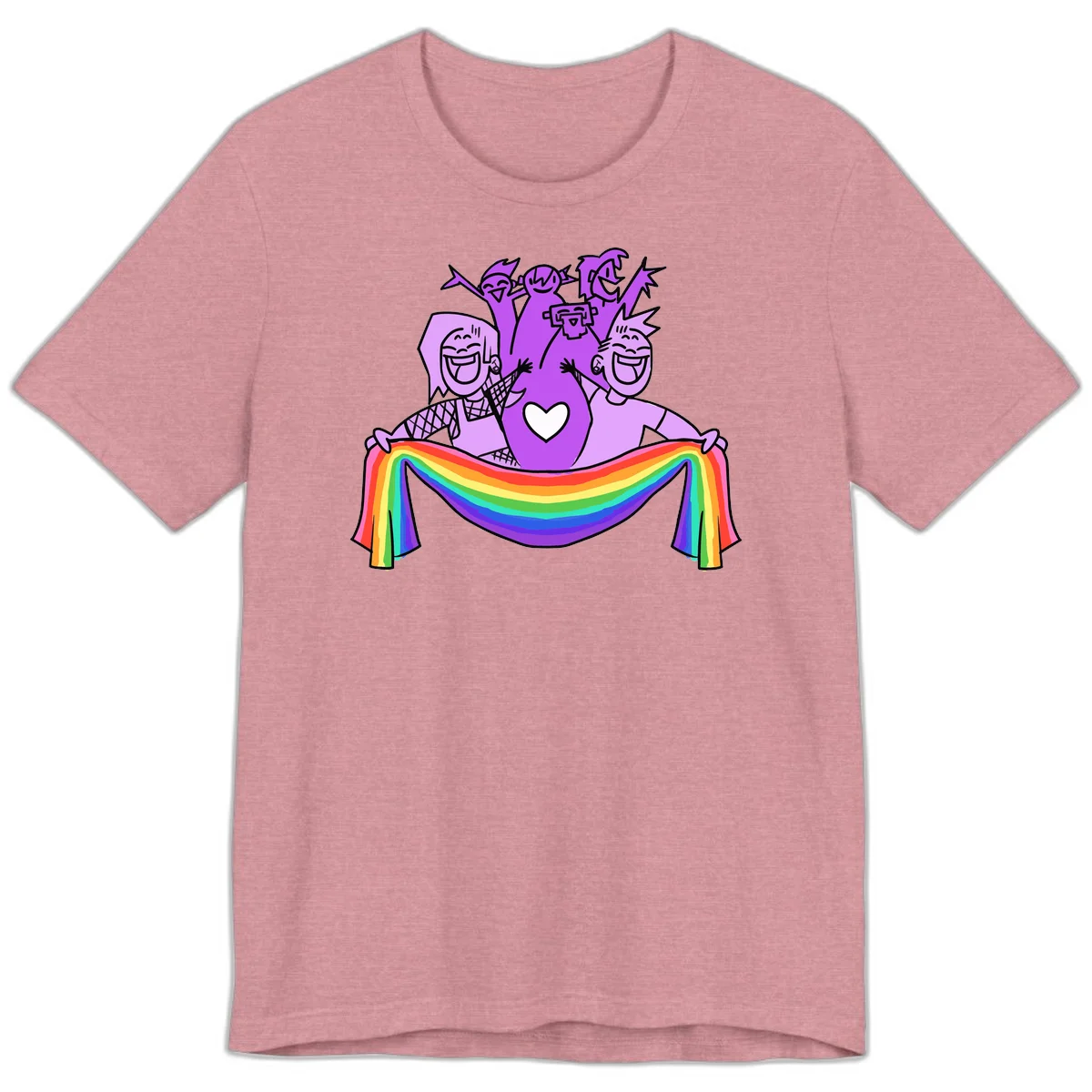 Illustration of diverse smiling people celebrating together with raised arms, holding a rainbow banner and a white heart symbol on a purple background. in Heather Orchid