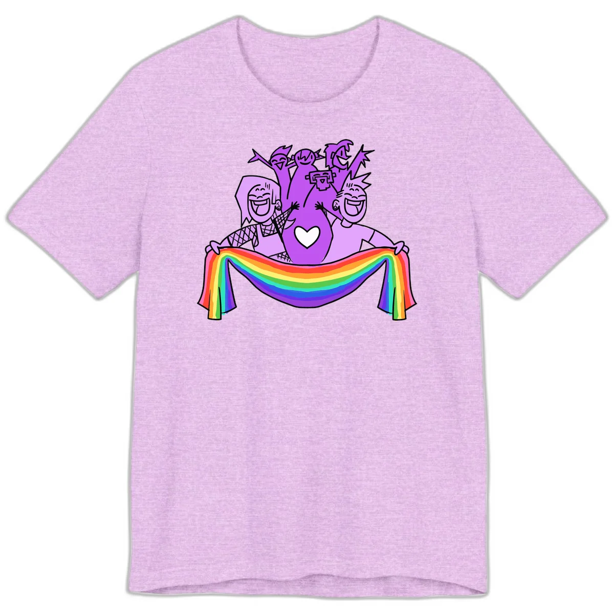 Illustration of diverse smiling people celebrating together with raised arms, holding a rainbow banner and a white heart symbol on a purple background. in Heather Prism Lilac