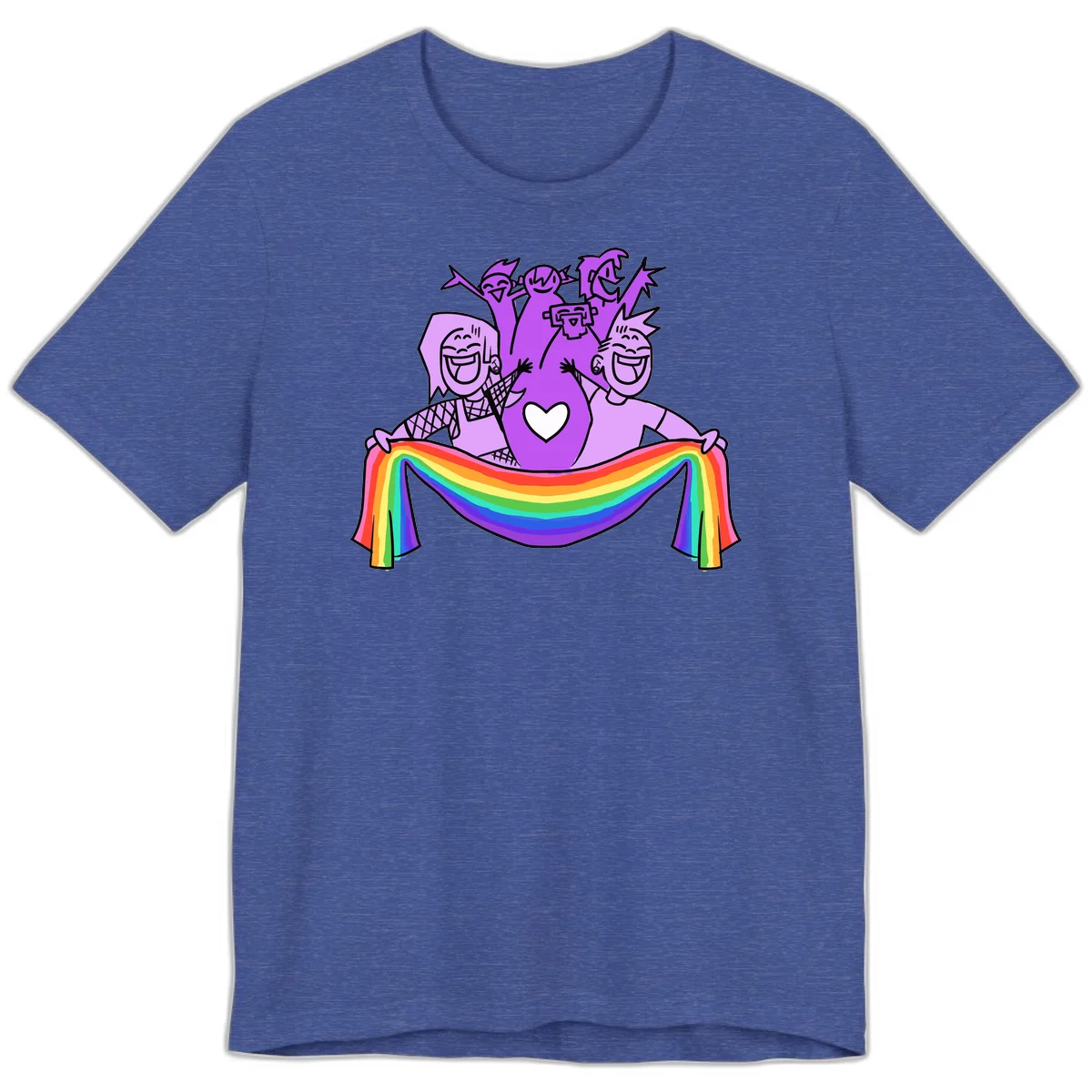 Illustration of diverse smiling people celebrating together with raised arms, holding a rainbow banner and a white heart symbol on a purple background. in Heather True Royal