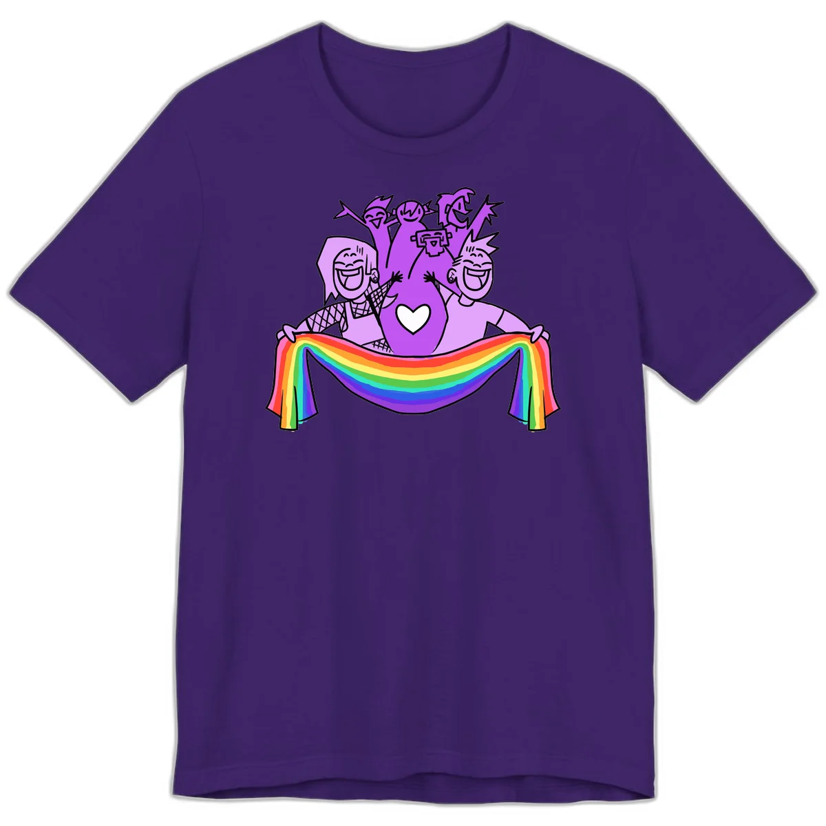 Illustration of diverse smiling people celebrating together with raised arms, holding a rainbow banner and a white heart symbol on a purple background. in Team Purple